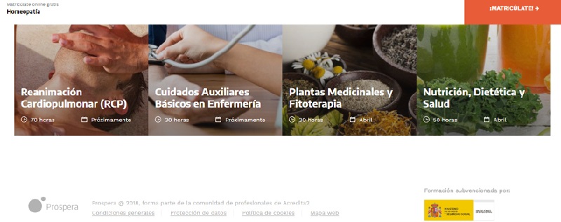 Imagen de la curso sobre homeopatía ofertado por Prospera, en el que figura el logo del Ministerio de Empleo CURSOHOME