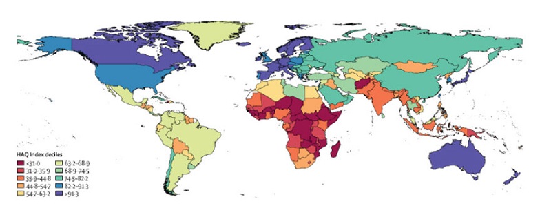 Mapa con la posición de España y el resto de países según el estudio realizado por The Lancet. LANCET1
