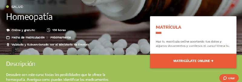 Imagen del curso que ofrece la web Prospera sobre homeopatía, subvencionado por el Ministerio de Empleo MATRIHOME